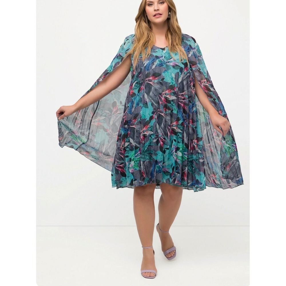 Ulla Popken Size-20/22-Tropical Cape Floral Pleated Chiffon Dress Teal